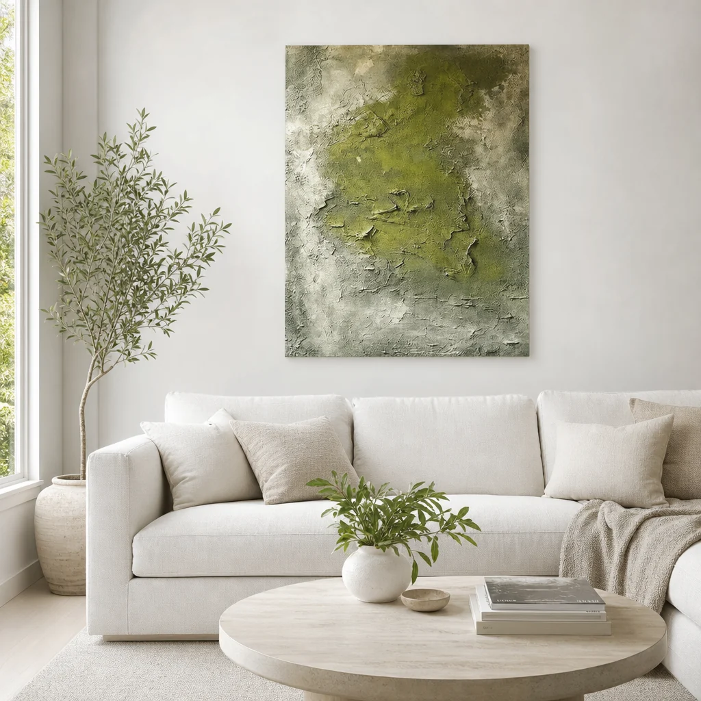 Hand-painted green abstract textured oil painting on canvas with layered palette-knife surface