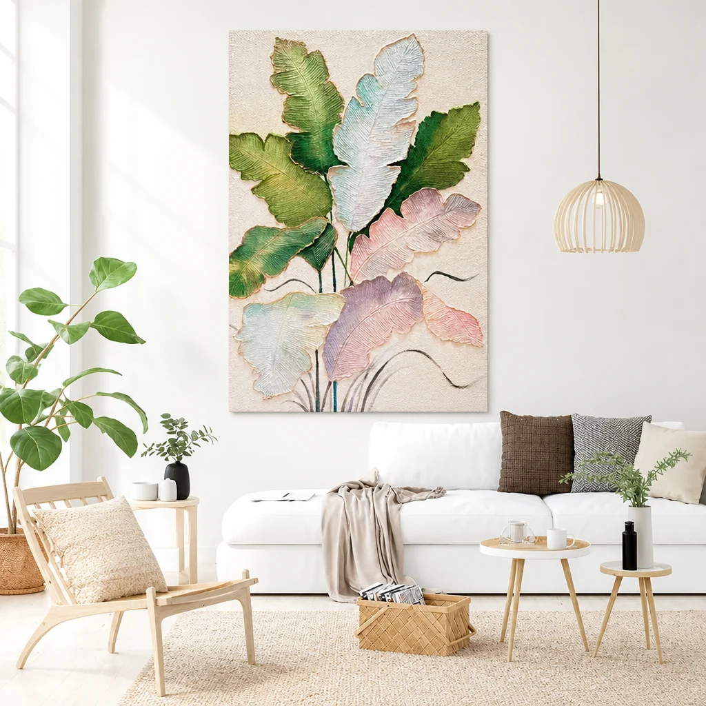 Botanical banana-leaf hand-painted oil painting on canvas with raised surface texture in a dark frame
