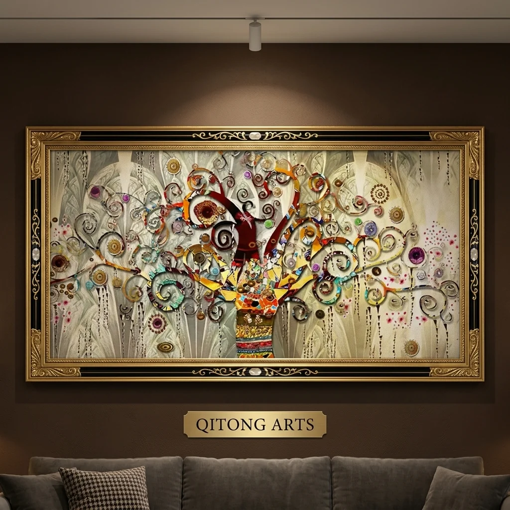 Ornate gold-framed decorative tree artwork with swirling branches and jewel-tone accents, mounted on a dark interior wall under a ceiling spotlight