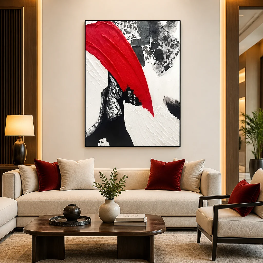 Framed red, white and black hand-painted abstract oil painting on a wall in a contemporary living room