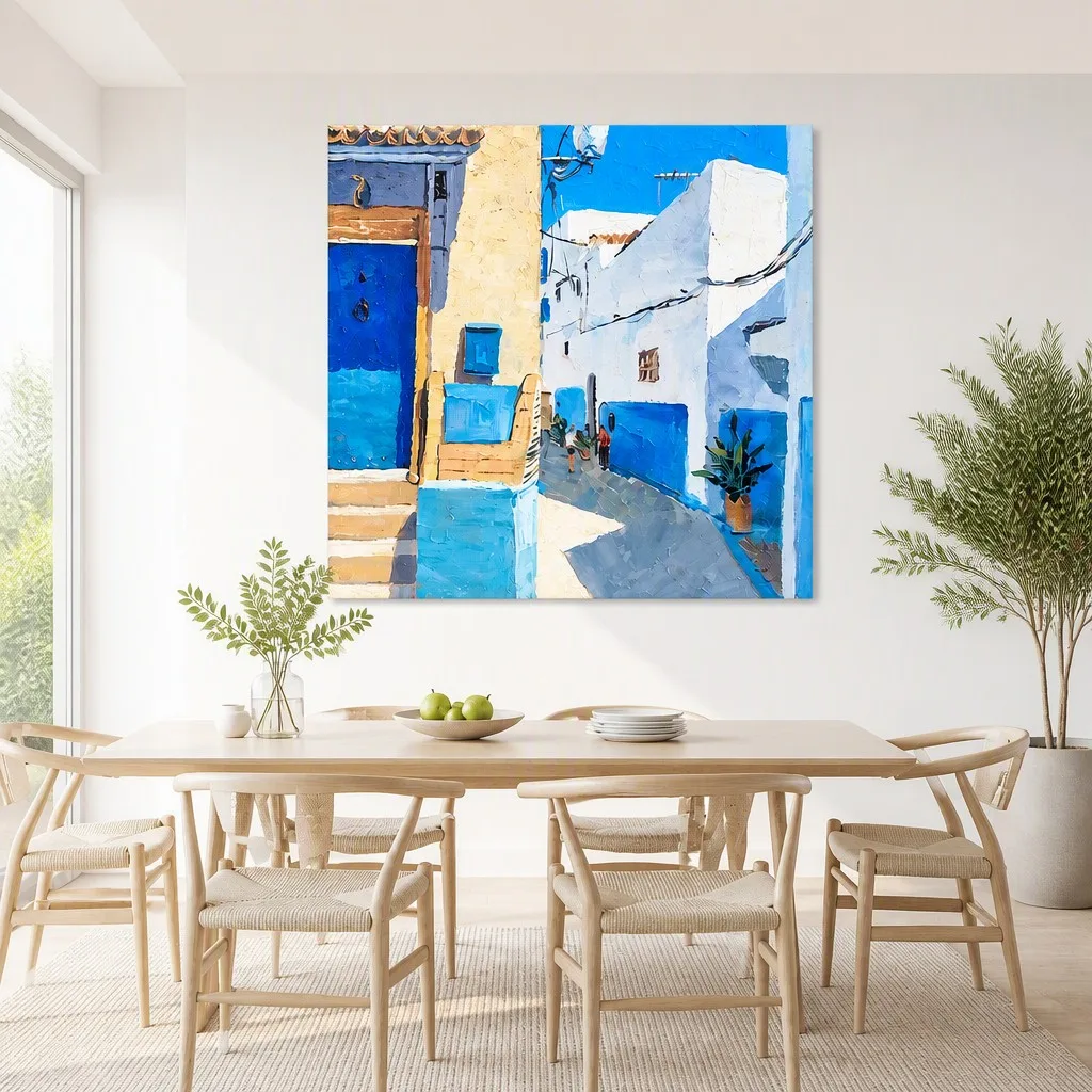 A hand-painted oil painting of a blue and white Mediterranean street scene with visible palette-knife texture, illustrating brushwork variation expected across a coordinated hand-painted batch