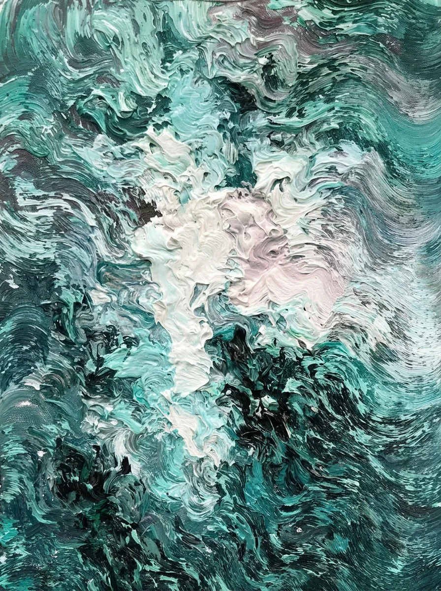 Hand-painted abstract oil painting with heavily textured teal and white palette-knife surface