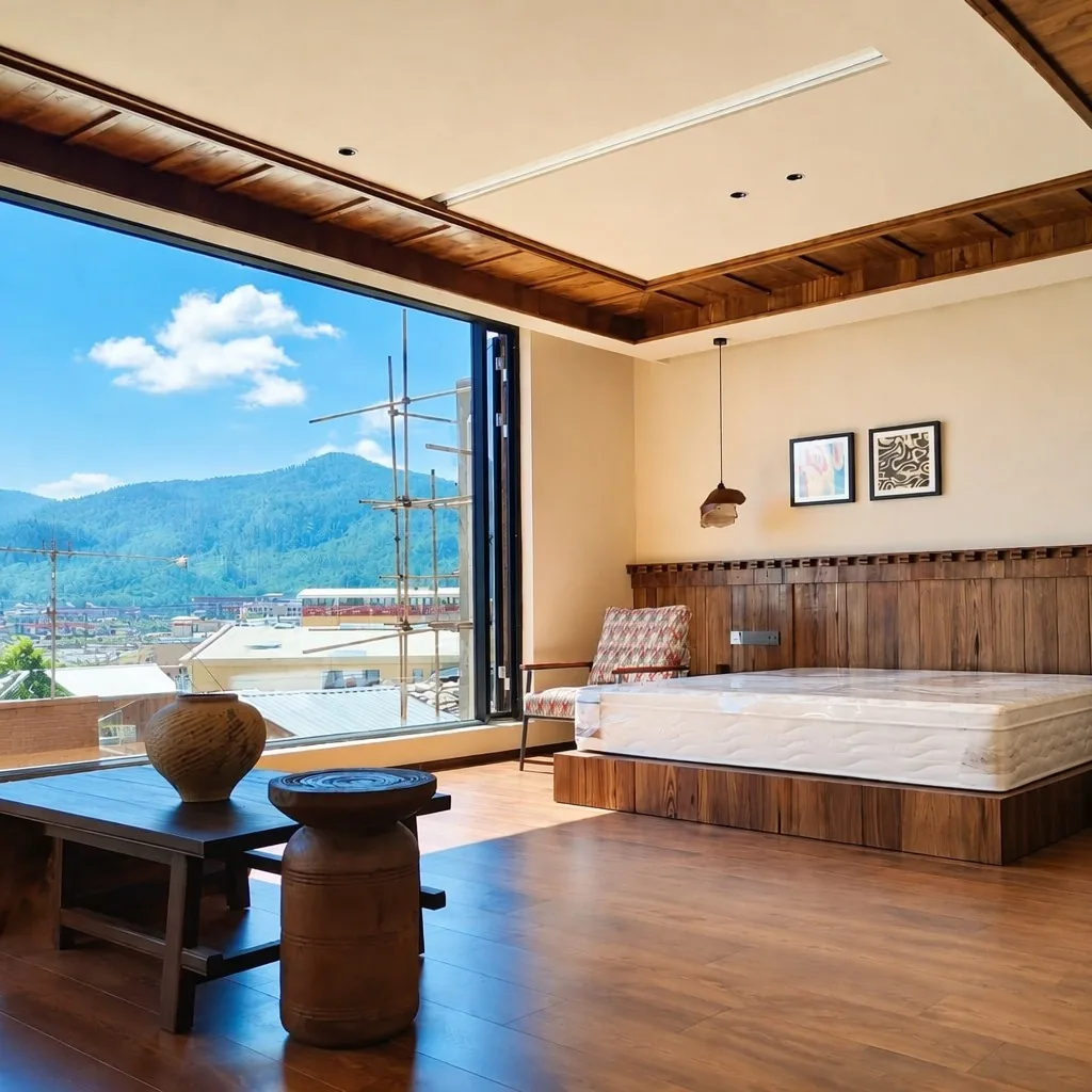 Handcrafted oil painting installed above the headboard in a Yunnan mountain resort guest room - part of a two-series 52-room hotel art programme