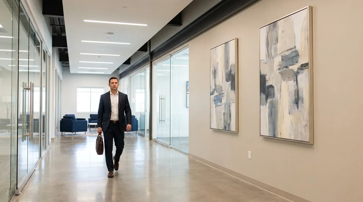 Modern corporate lobby with custom abstract wall art installation